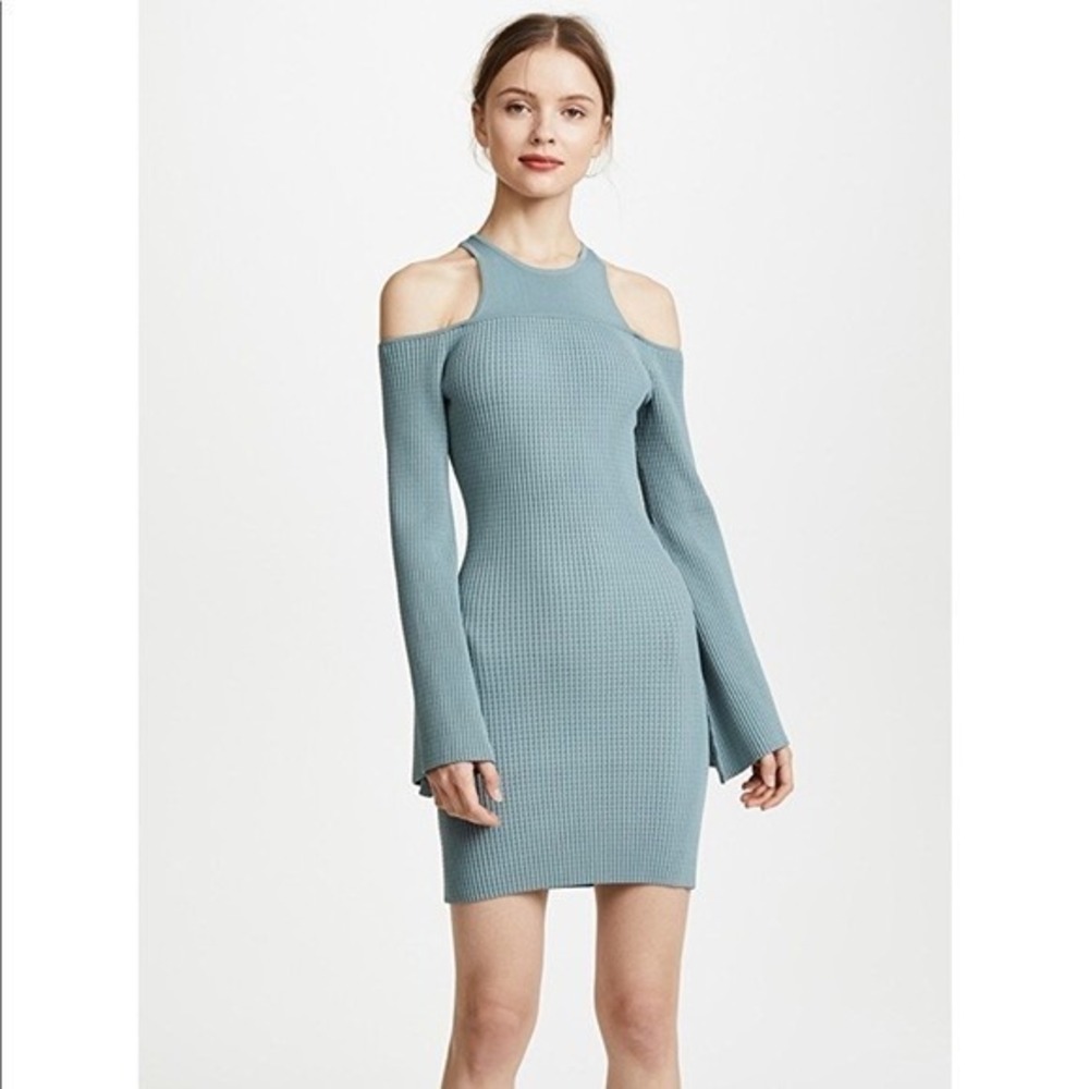 C/MEO Collective mini dress rib-knit off-shoulder bell sleeve Green Stretch SZ S